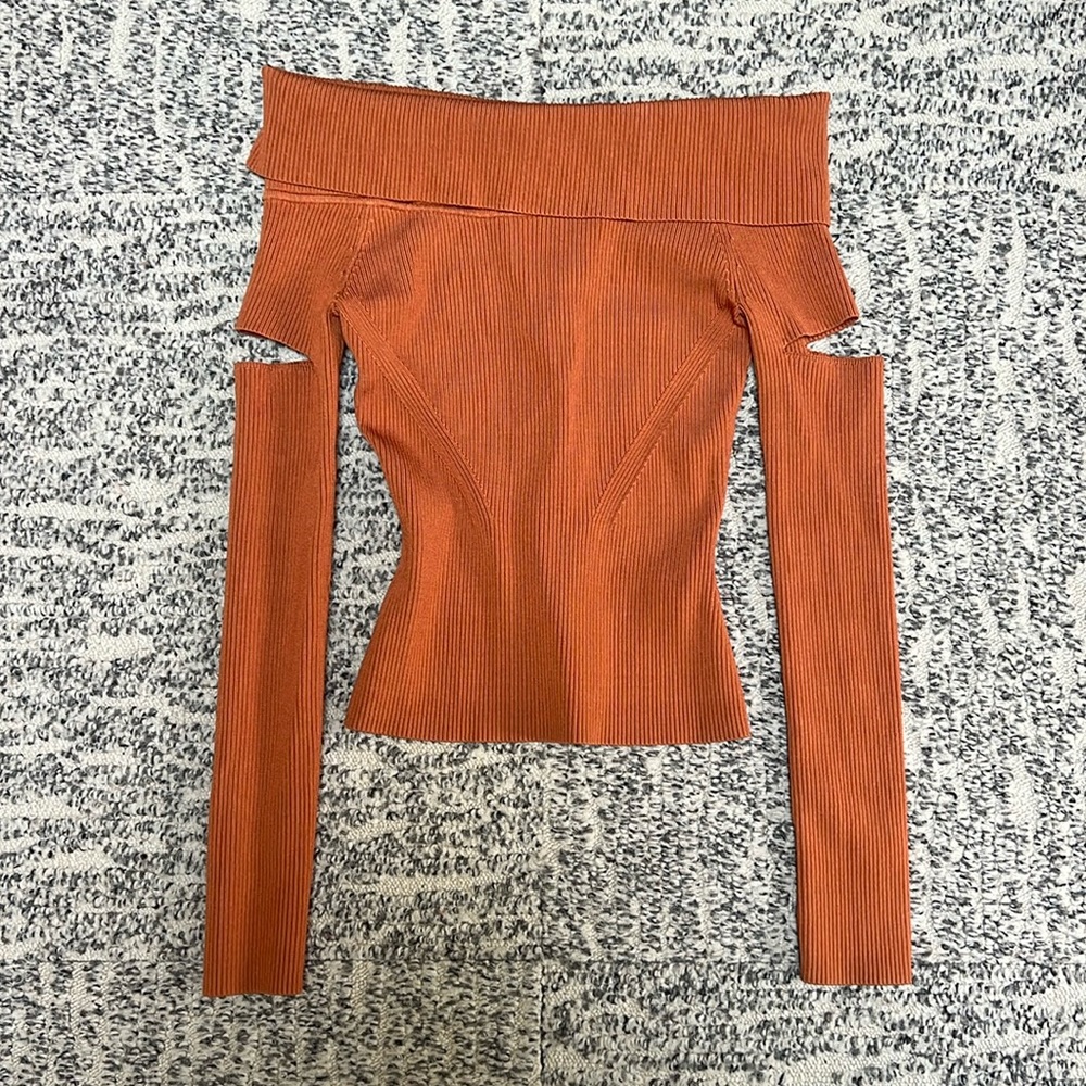 🔥Jonathan Simkhai Off-The-Shoulder Ribbed Cut Out Long Sleeve Top - Women Sz. S
